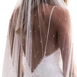 Pearl Wedding Veil Women's Bridal Tulle Fingertip Length with Comb